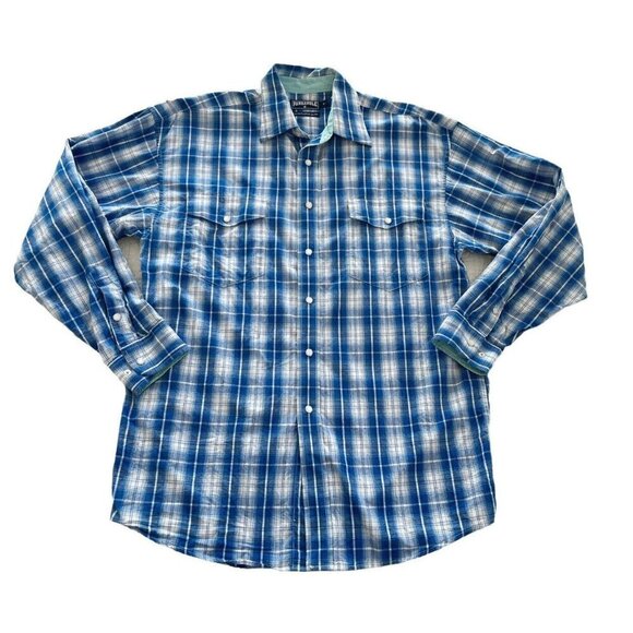 Panhandle Slim Mens Sz M Blue White Plaid Western Pearl Snap Cowboy Shirt - Picture 7 of 7